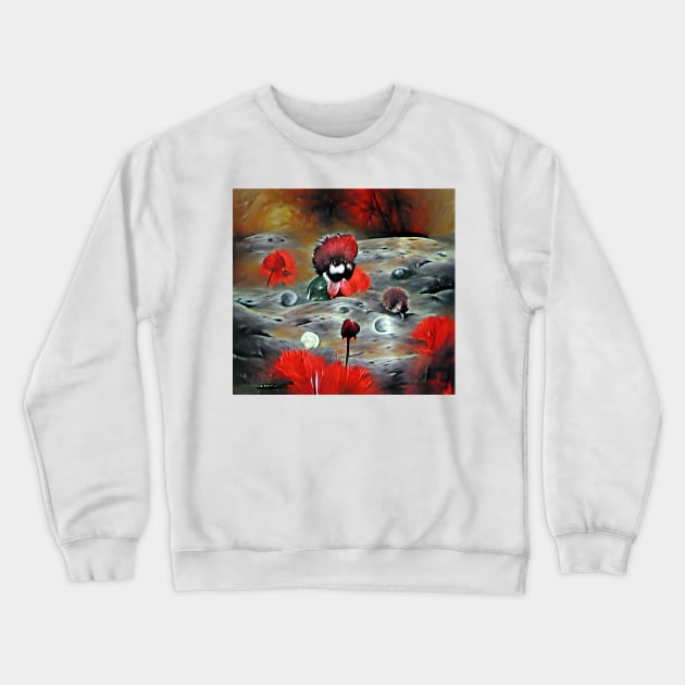 Red Flowers Growing on a Moon Surface Crewneck Sweatshirt by Mihadom